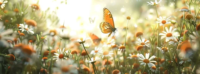 Poster Beautiful spring meadow with daisies and butterflies, blurred background, banner design © Huong