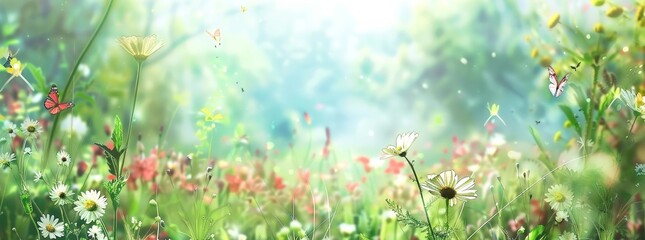 Beautiful spring meadow with daisies and butterflies, blurred background, banner design