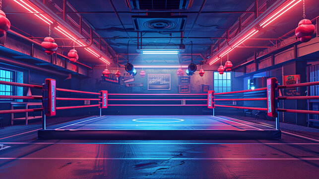 Boxing Ring In Arena, professional boxing arena in lights 3d rendering, Boxing Ring Spotlight Dark, floodlights vector design. Vector illumination, Generative Ai