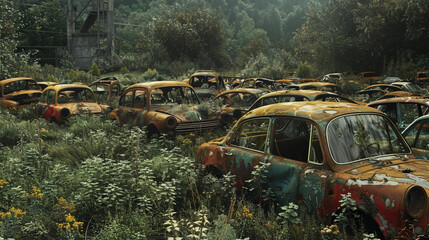 A car graveyard filled with rusting vehicles, representing the environmental consequences of mass transportation. 32K. - obrazy, fototapety, plakaty