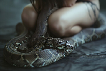 Fototapeta premium Eine Frau mit einer Schlange, Python