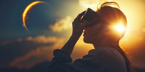 photograph showing a person viewing an eclipse with awe and excitement. The person is wearing protective glasses designed for eclipse viewing. The background features a darkened sky - obrazy, fototapety, plakaty