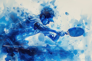 Blue watercolor painting of table tennis player in action on match - obrazy, fototapety, plakaty