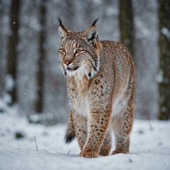 Fototapeta premium Snow nature. Lynx face walk. Winter wildlife in Europe. Lynx in the snow, snowy forest in February. Wildlife scene from nature, Slovakia. Winter wildlife in Europe.