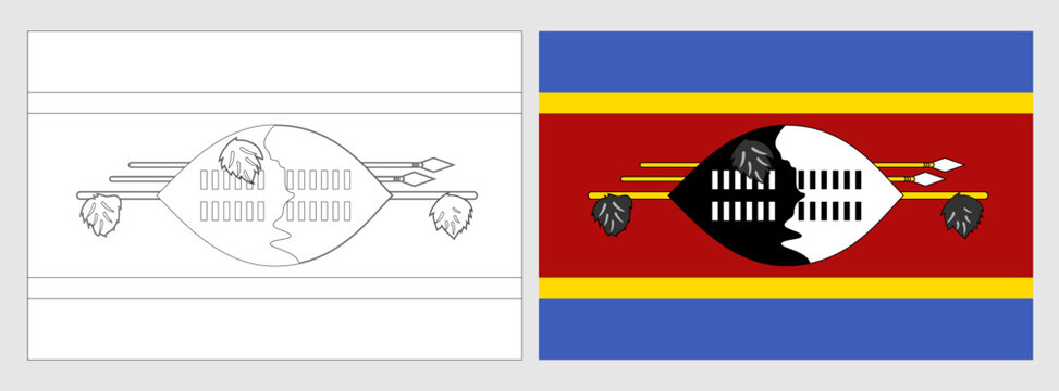 Eswatini flag - coloring page. Set of white wireframe thin black outline flag and original colored flag.