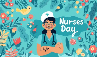 National Nurses day holiday background. Illustration of happy smiling nurse and modern calligraphy lettering.