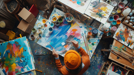 An artist in a yellow hat is immersed in painting amidst a colourful, messy studio filled with vibrant artwork and paint supplies.