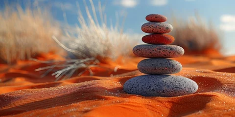 Tuinposter In a serene beach scene, a balanced stack of stones inspires tranquility and harmony. © Andrii Zastrozhnov