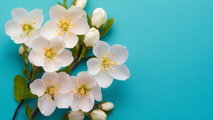 Fototapeta na wymiar Beautiful spring blossom white flowers on turquoise blue background