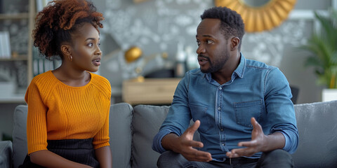 A married black couple engages in a therapy session, discussing their relationship issues. - obrazy, fototapety, plakaty