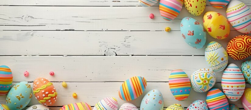 Colorful Easter banner featuring a double Easter Egg side border displayed on a white wood background. Viewed from above with room for adding text.