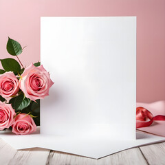 White paper with pink rose beside the paper. Greeting card, invitation card template Concept 