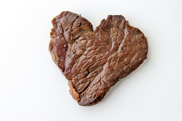 Heart shaped piece of cooked steak on a white background.