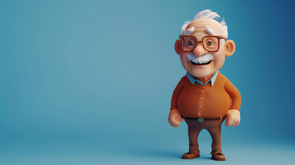 Cheerful elderly man with glasses and a warm smile wearing casual clothes, standing against a blue...