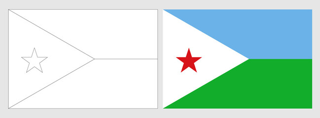Djibouti flag - coloring page. Set of white wireframe thin black outline flag and original colored flag.