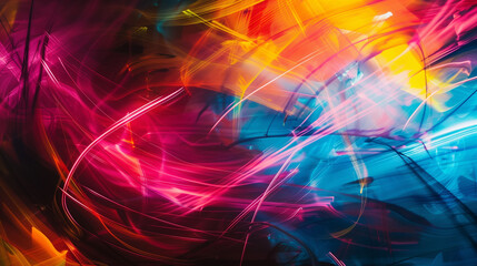 Abstract artist incorporating laser light into painting performance, dynamic colours, contrast between sharp laser lines and fluid paint strokes.
