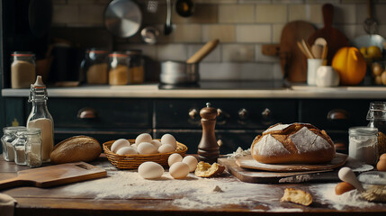 Baking bread in home kitchen. Flour, eggs and other ingredients for making dough, baking bread, cake, rolls or other baked goods. Tabletop photography, background for homemade cooking.