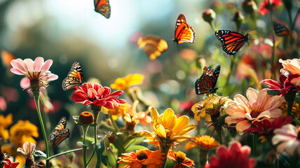 A butterfly garden alive with colorful winged creatures, fluttering around blooming flowers, showcasing the intricate dance of nature in the spring season
