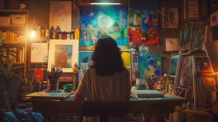An artist in a cosy, cluttered studio, surrounded by colourful artworks and art supplies, is...