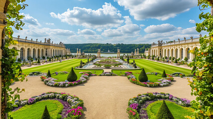 A captivating view of the Palace of Versailles gardens in bloom, with meticulously manicured lawns and vibrant flowerbeds, representing the opulence and artistic legacy of French royal history - obrazy, fototapety, plakaty