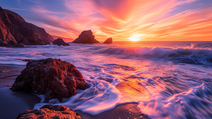 A dynamic beachscape during a dramatic sunset, with the sky ablaze in hues of orange and pink, and waves crashing against rugged rocks, creating a vibrant and awe-inspiring coastal panorama - obrazy, fototapety, plakaty