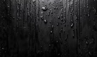 Poster Rain Effect, dark black background with fog, lightened from top, Part of series, photo, Heavy rain falling down on ground against dark background, Generative Ai © HayyanGFX