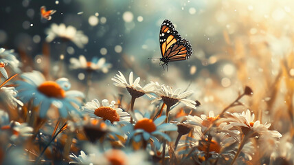 A field of daisies opening their digital petals to reveal tiny Easter eggs, as a butterfly flutters above, creating a surreal yet captivating spring scene - obrazy, fototapety, plakaty
