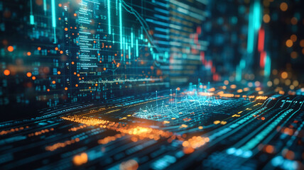 A futuristic holographic display showing real-time stock market data and analytics, representing the integration of technology and data in financial analysis