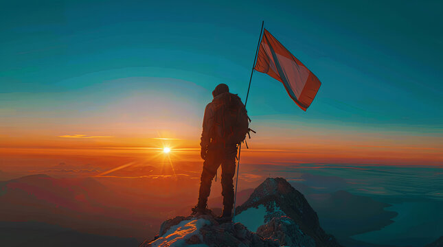 An individual in red reaches the summit, triumphantly planting a red flag against a dramatic mountain backdrop.