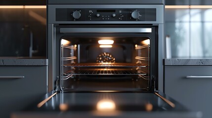 The image is of a modern oven with a black exterior and a stainless steel interior. The oven is open and empty, with the light on.