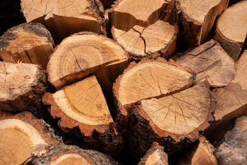 Firewood background. Chopped firewood logs in a pile close-up. Preparing the house for heating....