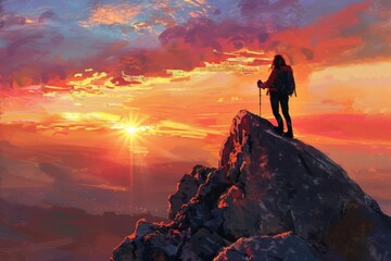 Female hiker conquers mountain summit, victorious sunrise greeting, empowering adventure landscape, digital painting