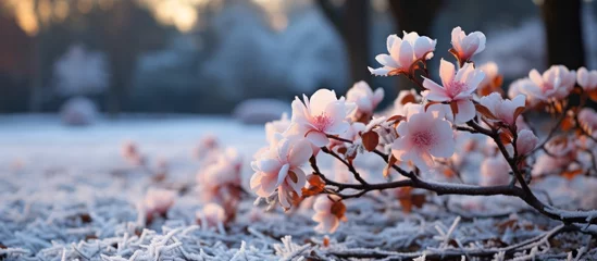 Gardinen Beautiful pink magnolia flowers on a snowy meadow in the rays of the setting sun © WaniArt