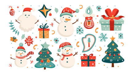 クリスマスのレトロな要素。グルーヴィーな 30 代のかわいいキャラクターを漫画します。休日のシンボル、新年のステッカー。ビンテージのサンタ クロースと面白い雪だるま、クリスマスの天使、マスコット ツリーとギフト。ベクトルを設定