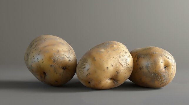 Three potatoes on a solid background. The potatoes are all different sizes and shapes, and they are all uncooked.