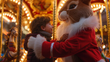 Photo of a bold daring child and a person in a bunny costume share a hug near a brightly lit carousel, evoking warmth and joy.
