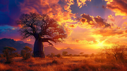 A scenic view of a vast landscape featuring a Baobab tree, a symbol of cultural significance in South Africa, standing tall against a colorful sunset sky