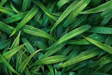 Fresh green grass with dew drops, natural background texture, 3D rendering