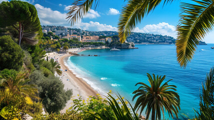 A scenic view of the French Riviera, with azure waters, sandy beaches, and palm-lined promenades,...