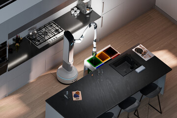 Advanced Robotic Arm Sorting Recyclables in Sleek, Modern Kitchen Environment