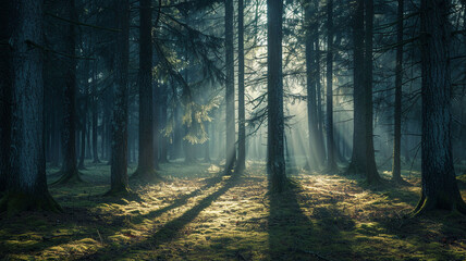 A mysterious forest at twilight, with tall pine trees casting long shadows, and a soft mist rising...
