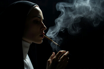 Obraz premium Generative AI picture of monastery sister nun praying God religious holiday smoking cigarette