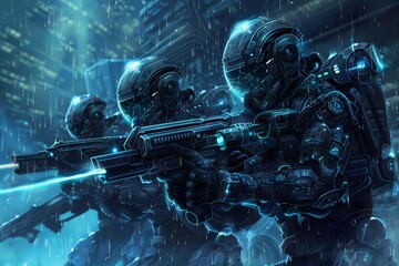 Futuristic Alien Invasion Illustration with High-Tech Weapons and Extraterrestrial Warriors - obrazy, fototapety, plakaty