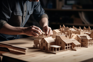 A male architect is working on an architectural model of her design. he uses natural materials such as wood or paper to create details. A closeup shot focuses on the architectural model