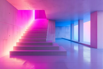 Futuristic Concrete Interior Minimalist House with Neon Gradient Lighting, 3D Architectural Illustration