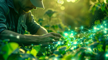 A farmer inspecting crops with the aid of smart sensors and AI algorithms, identifying potential issues before they impact yield. 32K. - obrazy, fototapety, plakaty