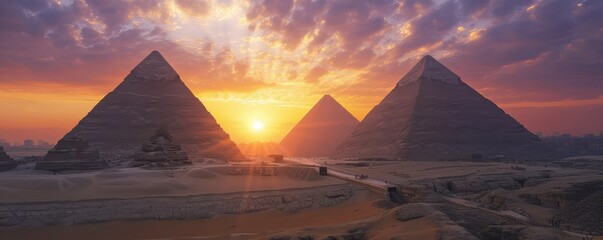 Ancient Egyptian pyramids at sunset - obrazy, fototapety, plakaty