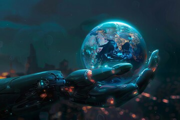 Futuristic Cyborg Hand Holding Holographic Planet Earth, Artificial Intelligence Concept, Digital Painting