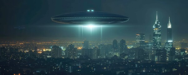 UFOs hovering above a modern city skyline