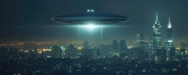 Abwaschbare Fototapete UFOs hovering above a modern city skyline © Juraj